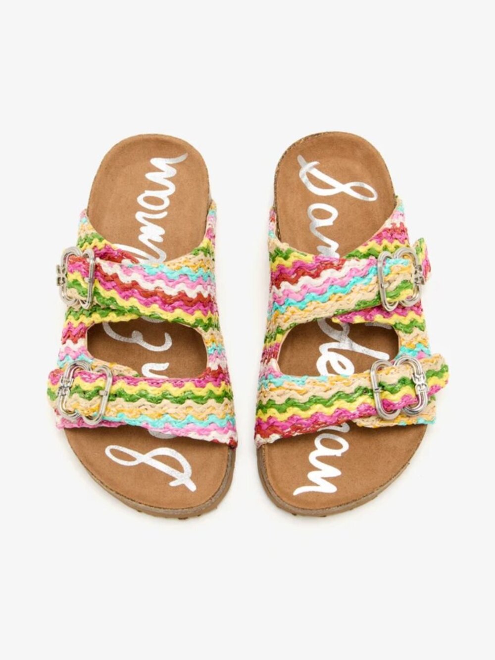 NWT SAM EDELMAN Kids Pink Multi Kenzie Silas Double-Strap Slide Sandals Sz 4